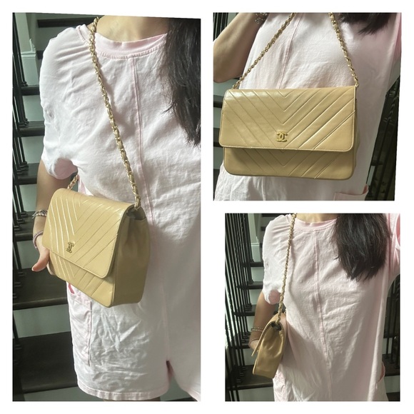 π― CHANEL Beige Coco Mark Diagonal Chain Lambskin Leather Shoulder Bag w/ auth - Picture 4 of 14